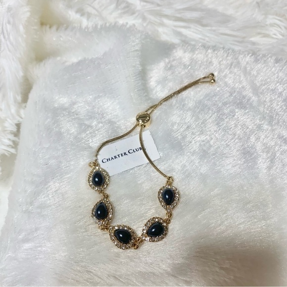 Gold pave and imitation pearl pear shaped halo slider bracelet - Picture 3 of 9